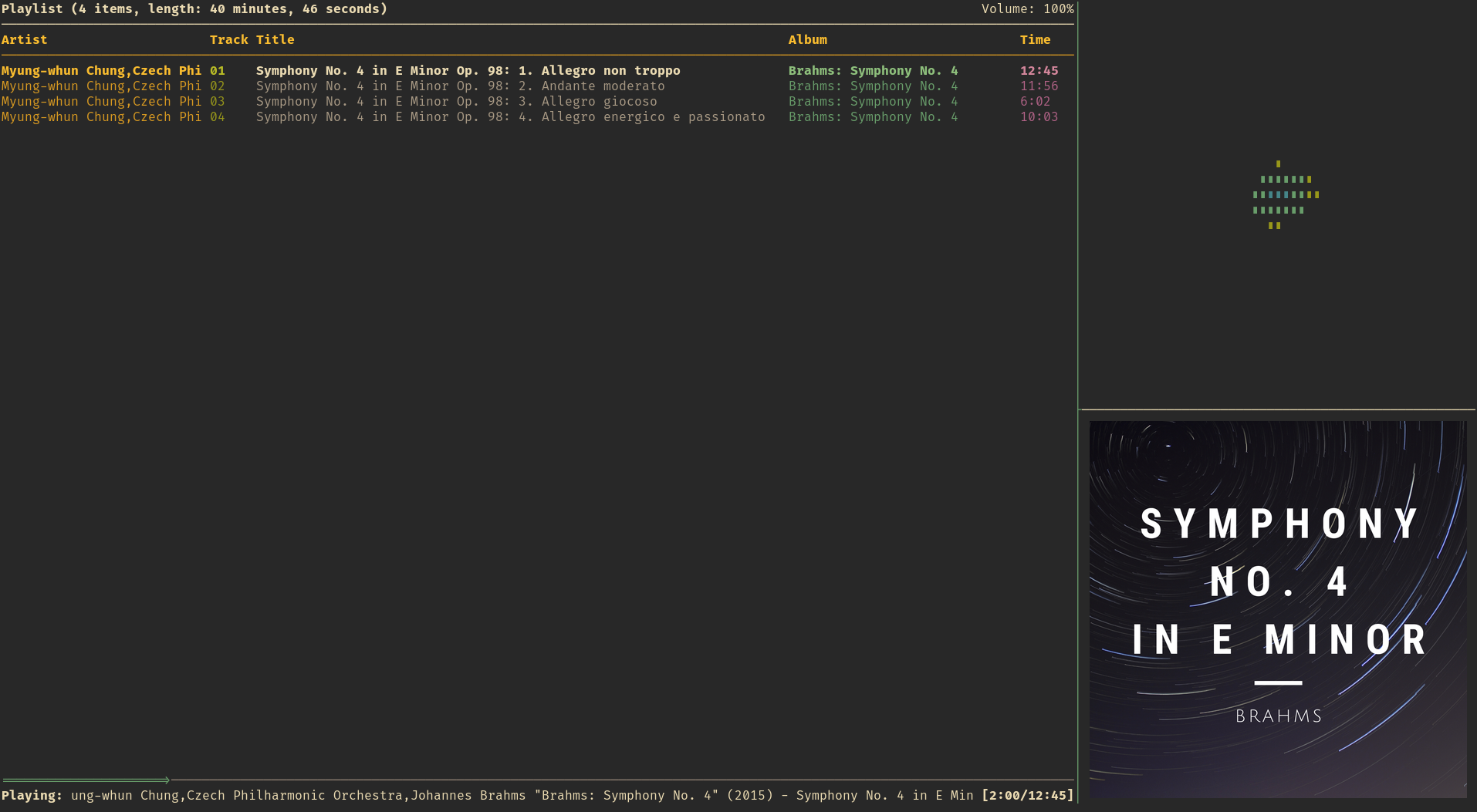 Screenshot of the tmux window with album cover from Ueberzug